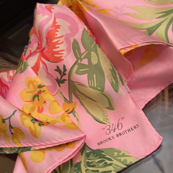 346 Brooks Brothers pink flower scraf with green and yellow accents. 55X14 size - Picture 5 of 5